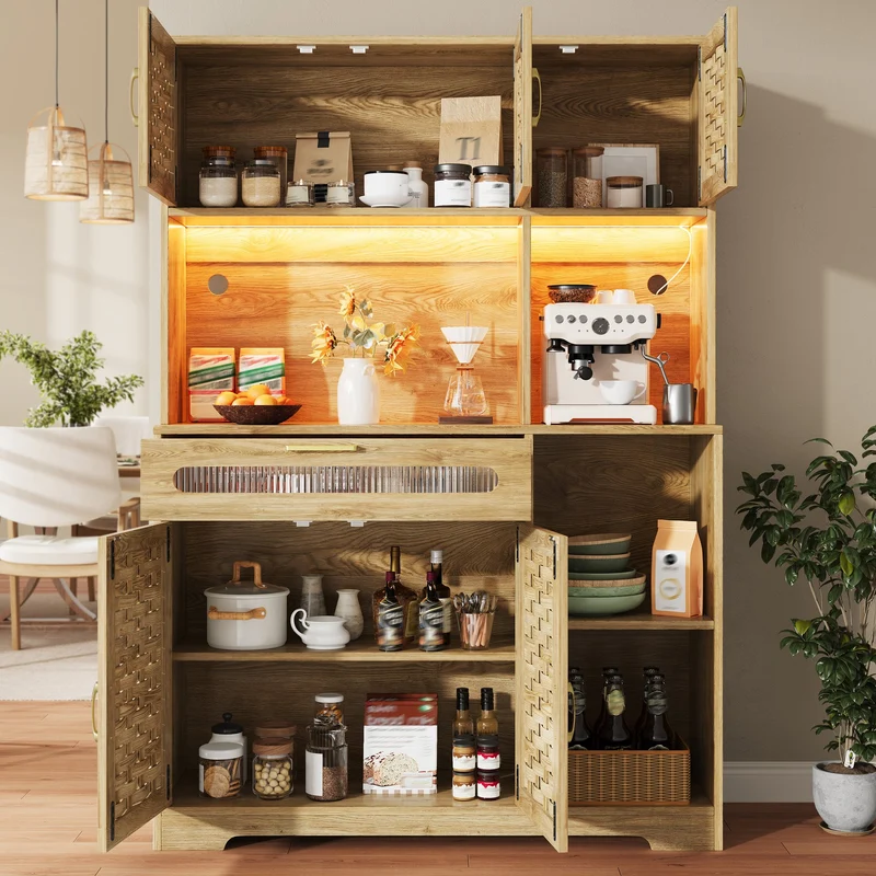 Alerter Vaisselier LED 120x40x180 cm en MDF naturel, vitrine moderne avec tiroirs