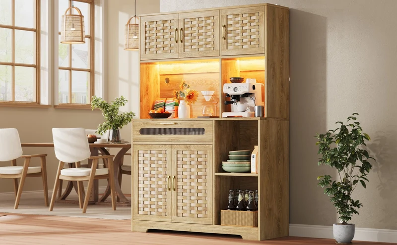 Alerter Vaisselier LED 120x40x180 cm en MDF naturel, vitrine moderne avec tiroirs