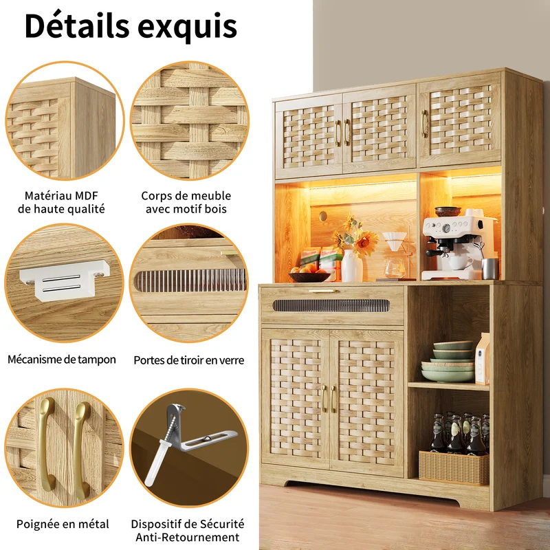 Alerter Vaisselier LED 120x40x180 cm en MDF naturel, vitrine moderne avec tiroirs