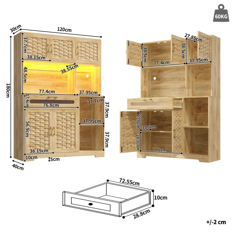 Alerter Vaisselier LED 120x40x180 cm en MDF naturel, vitrine moderne avec tiroirs