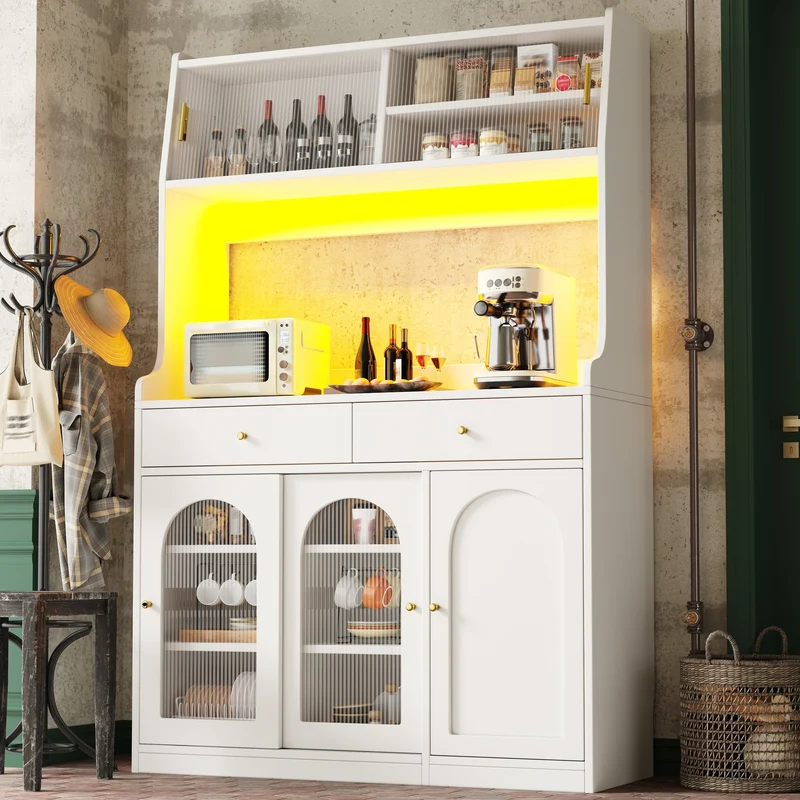 Ireful Buffet cuisine blanc 120x40x180 cm avec LED, vitrines, 2 tiroirs et étagères réglables