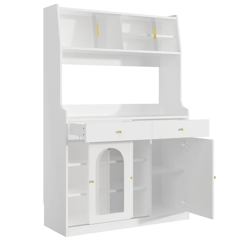 Ireful Buffet cuisine blanc 120x40x180 cm avec LED, vitrines, 2 tiroirs et étagères réglables