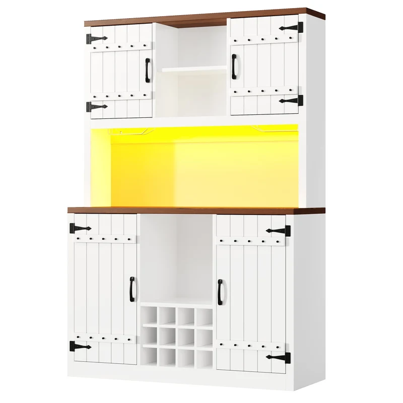 Haloxylin Buffet de Cuisine 120x40x180 cm Blanc MDF, Portes Grange, LED RGB et Range-Bouteilles