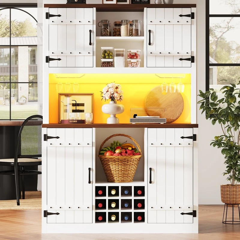 Haloxylin Buffet de Cuisine 120x40x180 cm Blanc MDF, Portes Grange, LED RGB et Range-Bouteilles