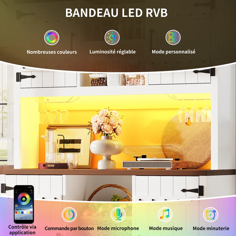 Haloxylin Buffet de Cuisine 120x40x180 cm Blanc MDF, Portes Grange, LED RGB et Range-Bouteilles