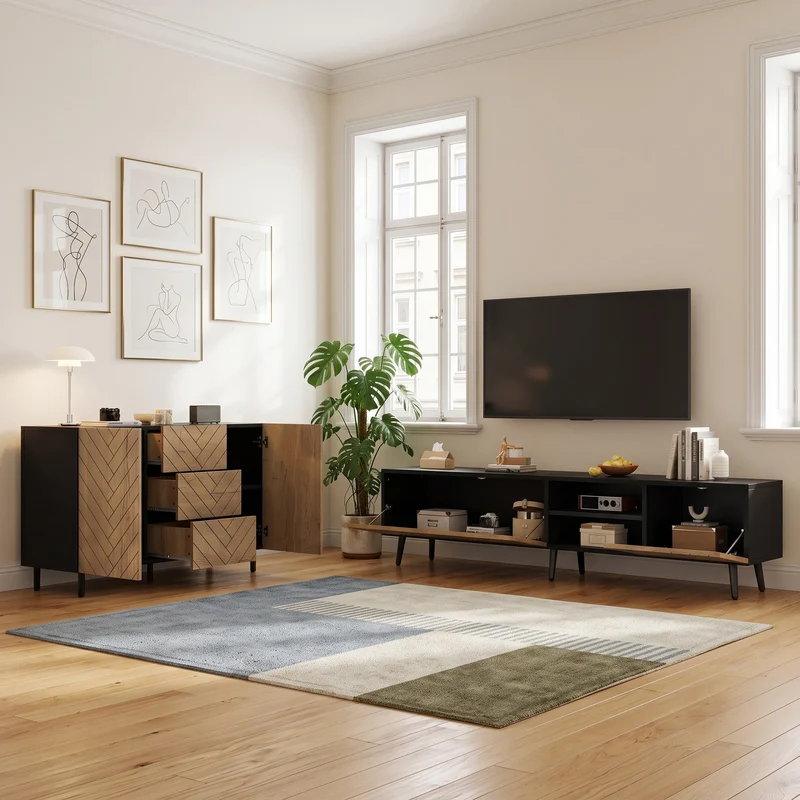 Ensemble buffet et meuble TV effet bois naturel 180/120cm MODERNPINEELITE