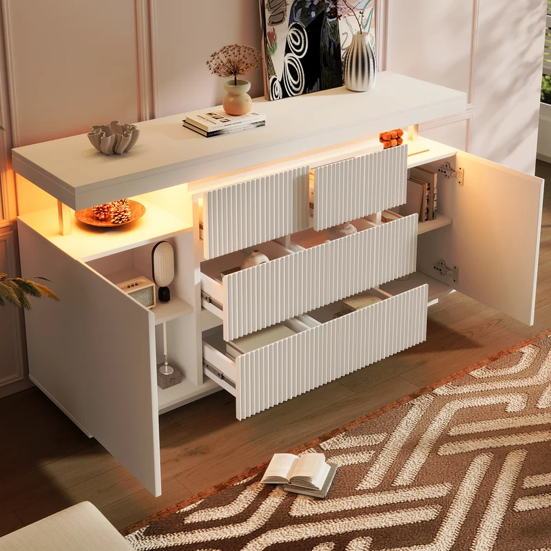 Buffet blanc chic façade rainurée 6 tiroirs 2 portes avec LED 150 cm SCANDINAVIANBIRCHONE