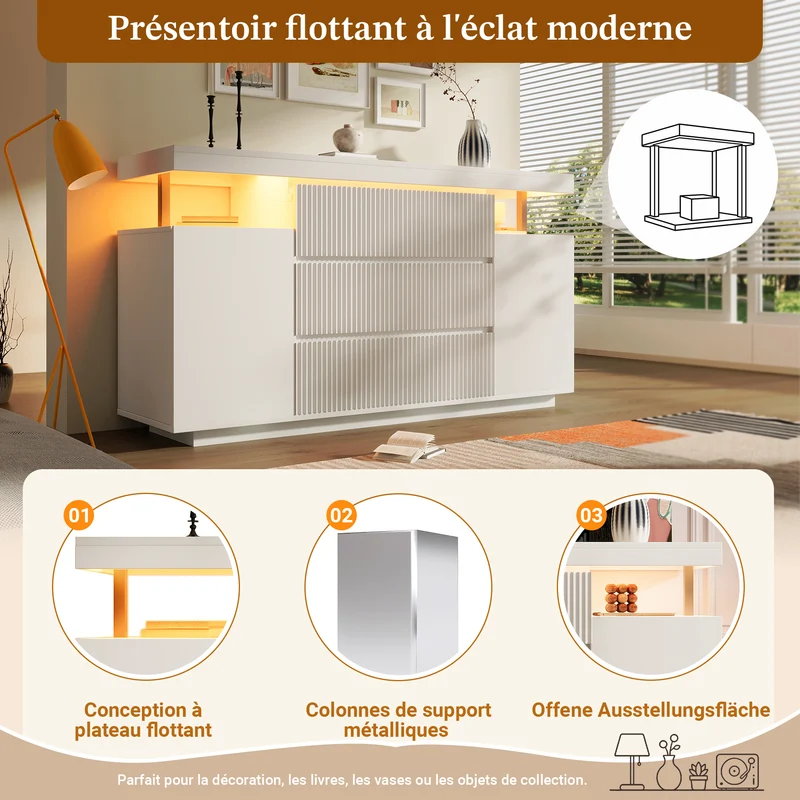Buffet blanc chic façade rainurée 6 tiroirs 2 portes avec LED 150 cm SCANDINAVIANBIRCHONE