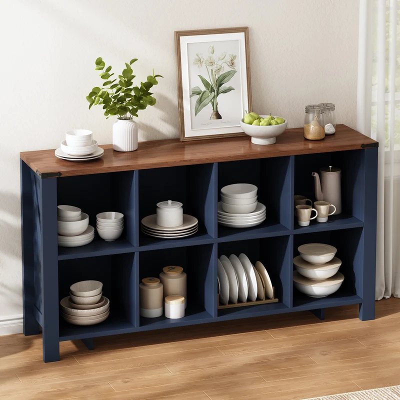 Buffet de rangement 8 compartiments ouverts avec plateau finition bois 140cm RUSTICLEATHERELITE