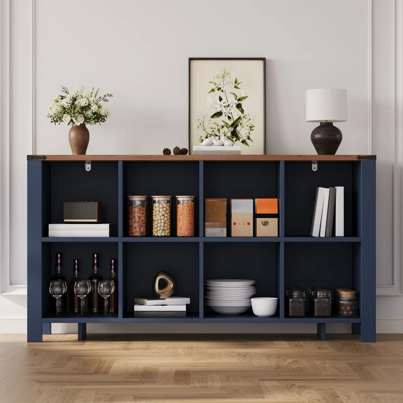 Buffet de rangement 8 compartiments ouverts avec plateau finition bois 140cm RUSTICLEATHERELITE