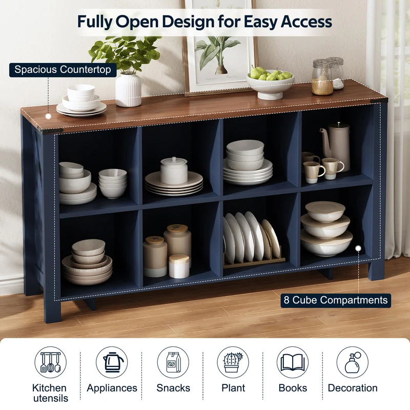 Buffet de rangement 8 compartiments ouverts avec plateau finition bois 140cm RUSTICLEATHERELITE