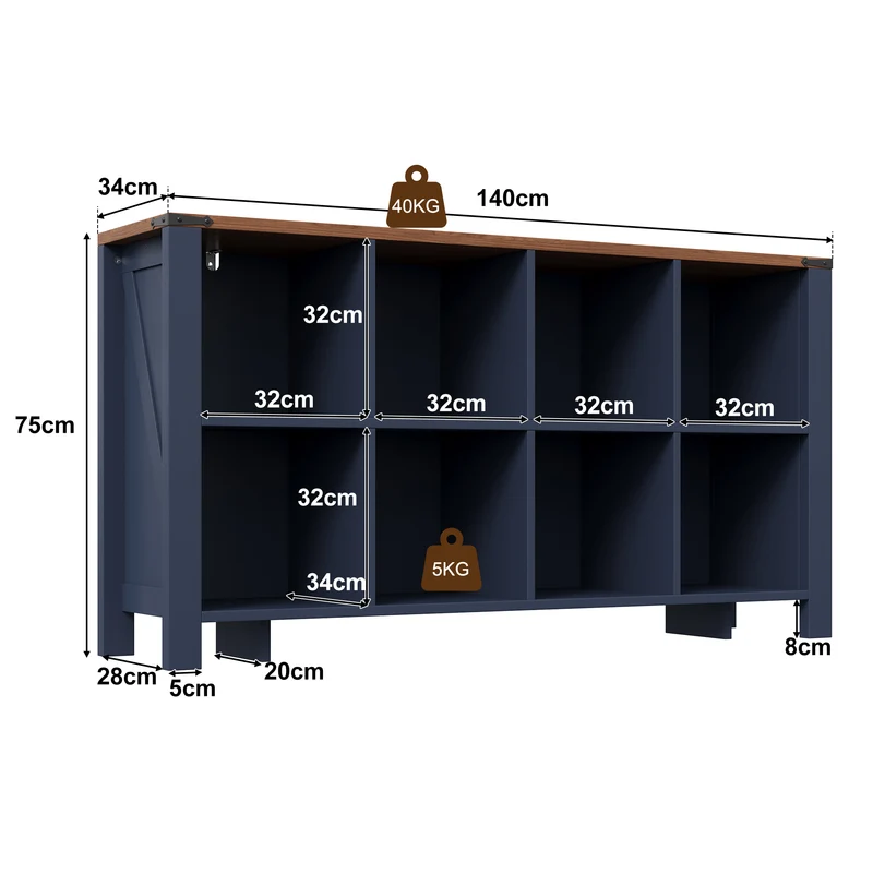Buffet de rangement 8 compartiments ouverts avec plateau finition bois 140cm RUSTICLEATHERELITE