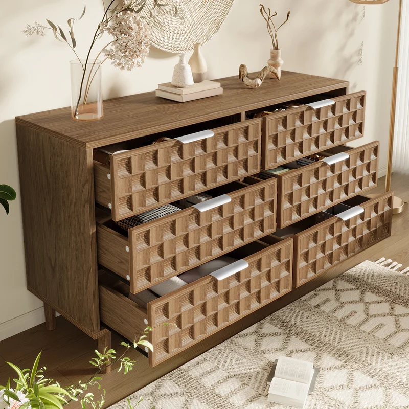 Buffet effet chêne motif damier en relief, 6 tiroirs, style mid-century 120cm RUSTICWALLART
