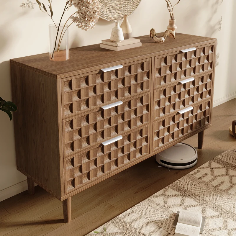 Buffet effet chêne motif damier en relief, 6 tiroirs, style mid-century 120cm RUSTICWALLART