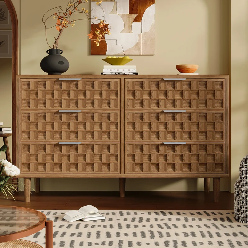 Buffet effet chêne motif damier en relief, 6 tiroirs, style mid-century 120cm RUSTICWALLART