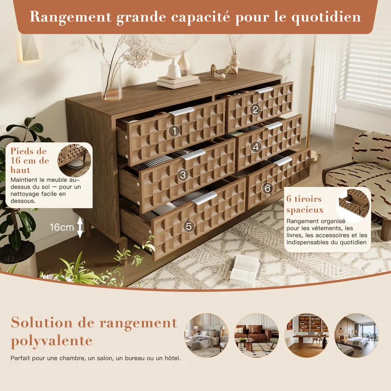 Buffet effet chêne motif damier en relief, 6 tiroirs, style mid-century 120cm RUSTICWALLART