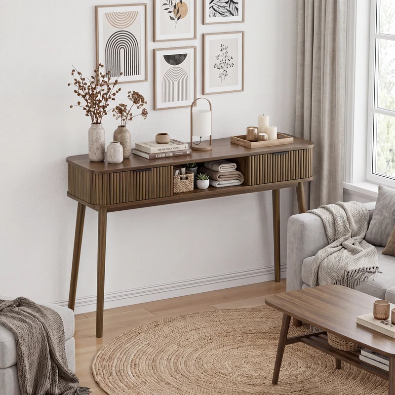 Console effet bois noyer a latte, style vintage avec tiroirs poignées métalliques noirs RUSTICSTONEONE
