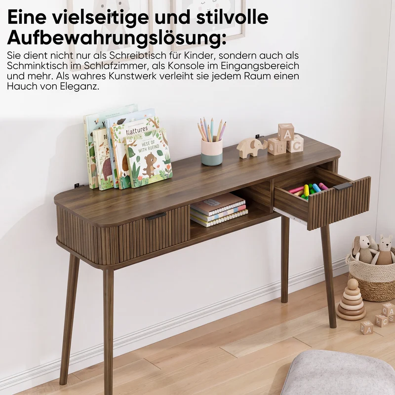 Console effet bois noyer a latte, style vintage avec tiroirs poignées métalliques noirs RUSTICSTONEONE