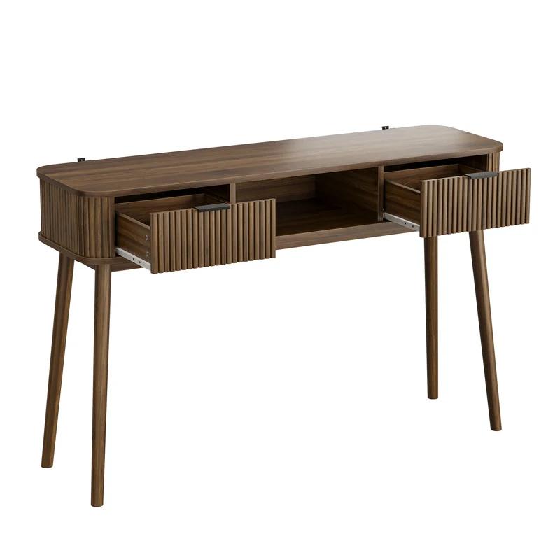 Console effet bois noyer a latte, style vintage avec tiroirs poignées métalliques noirs RUSTICSTONEONE