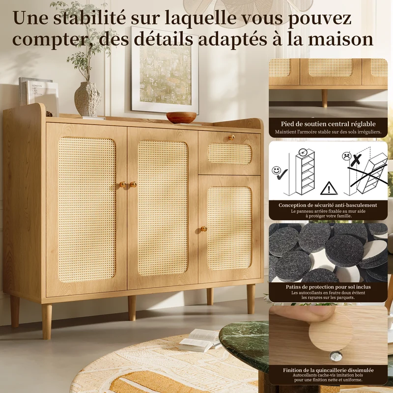 Buffet effet chêne avec cannage 3 portes 1 tiroir 120x40x91cm RUSTICWALLHOME