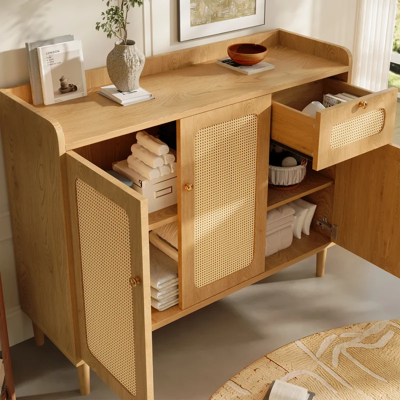 Buffet effet chêne avec cannage 3 portes 1 tiroir 120x40x91cm RUSTICWALLHOME