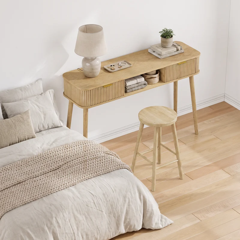 Console effet chêne et à latte avec tiroirs, poignées métalliques dorées 120x35cm RUSTICRUGSET
