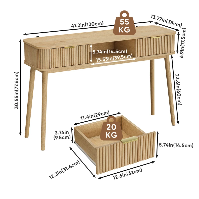 Console effet chêne et à latte avec tiroirs, poignées métalliques dorées 120x35cm RUSTICRUGSET