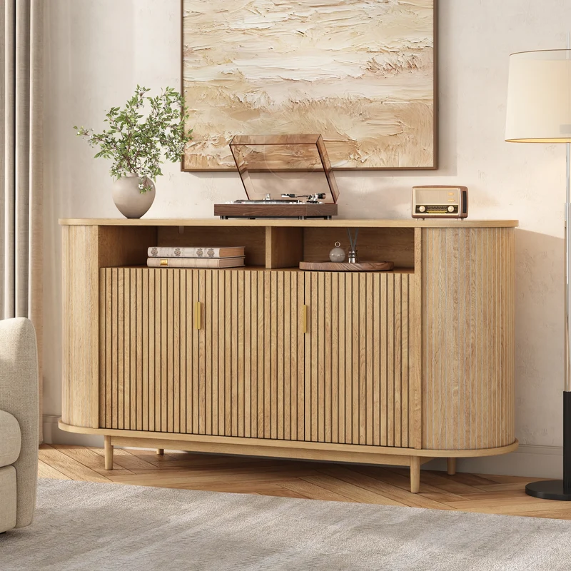 Buffet effet bois naturel, 3 portes, style moderne à relief vertical 140cm RUSTICRUGART