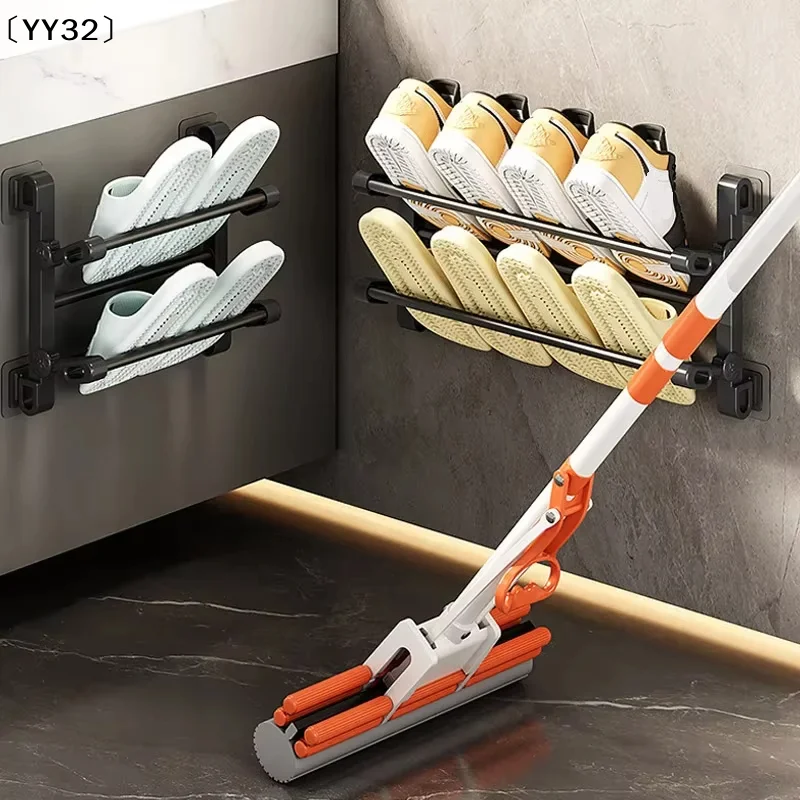 Étagère à chaussures murale pliable 2 niveaux sans perçage