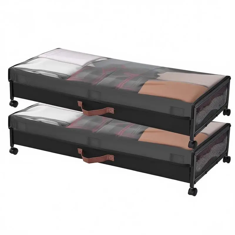 Rangement sous lit à roulettes avec couvercle transparent, 2 pièces