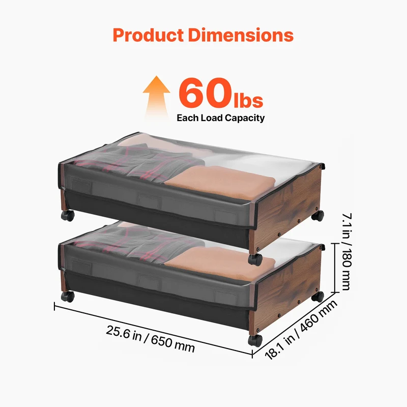 Rangement sous lit à roulettes avec couvercle transparent