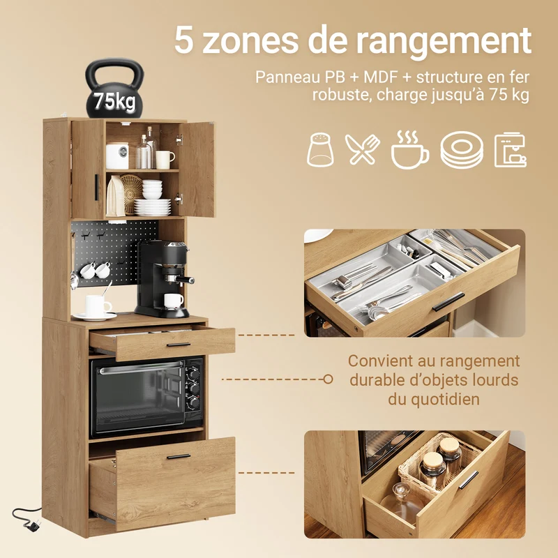 SoBuy FSB98-E-N Buffet de Cuisine – 2 Prises & 2 USB, Lampe LED, Niche Micro-Ondes, 60×40×170 cm