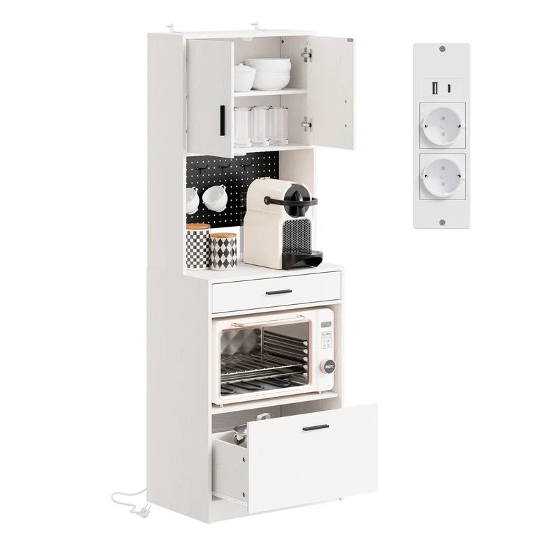 SoBuy FSB98-E-WG Buffet de Cuisine 170 cm avec Prise Intégrée – 2 Prises + 2 USB, Lampe LED, Niche Micro-Ondes, Charge 75 kg, Blanc et Bois