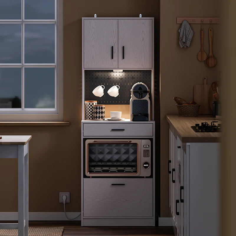 SoBuy FSB98-E-WG Buffet de Cuisine 170 cm avec Prise Intégrée – 2 Prises + 2 USB, Lampe LED, Niche Micro-Ondes, Charge 75 kg, Blanc et Bois