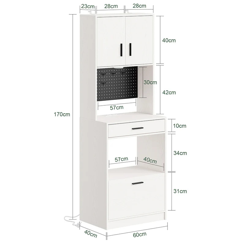 SoBuy FSB98-E-WG Buffet de Cuisine 170 cm avec Prise Intégrée – 2 Prises + 2 USB, Lampe LED, Niche Micro-Ondes, Charge 75 kg, Blanc et Bois