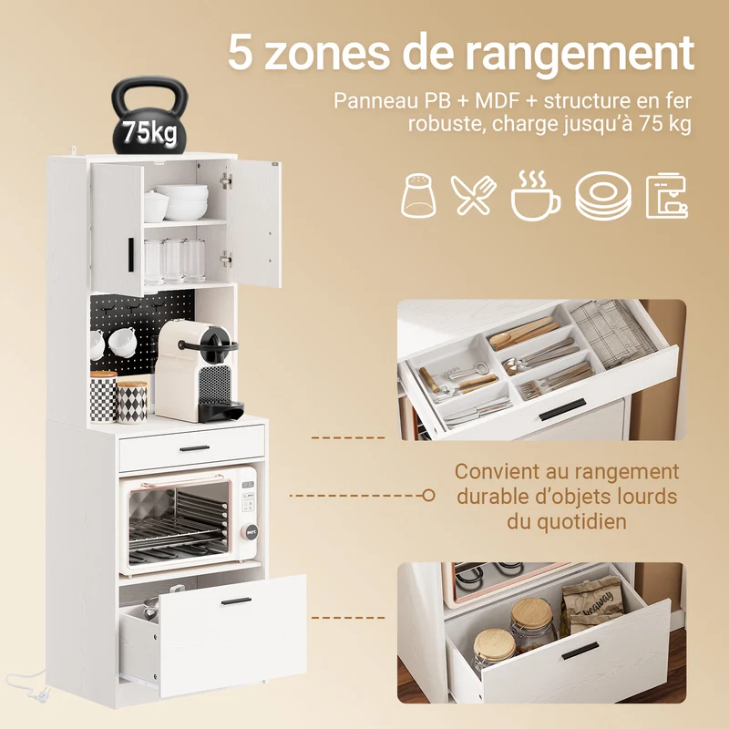 SoBuy FSB98-E-WG Buffet de Cuisine 170 cm avec Prise Intégrée – 2 Prises + 2 USB, Lampe LED, Niche Micro-Ondes, Charge 75 kg, Blanc et Bois