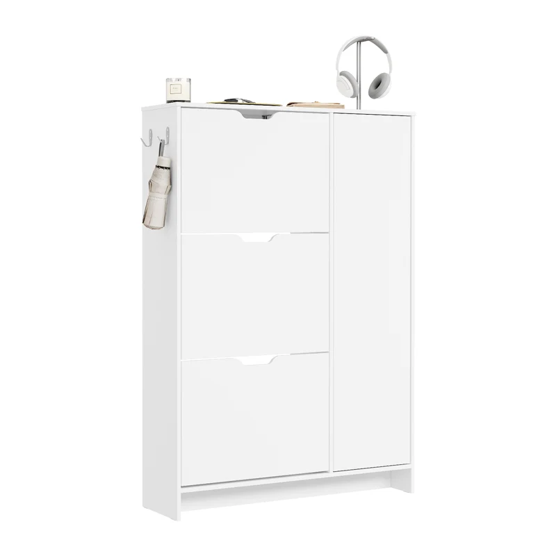 SoBuy FSR220-W Armoire à Chaussures Slim 24 cm – 4 Abattants, 12 Paires, Rangements Latéraux, Crochets, Style Nordique, Blanc