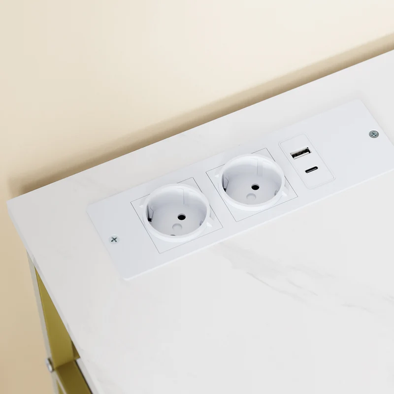 SoBuy FSB106-E-G Console d'Entrée avec Prises Intégrées – USB-A, USB-C, 2 Prises, 2 Étagères, 80 × 30 × 75 cm, Marbre Blanc et Doré