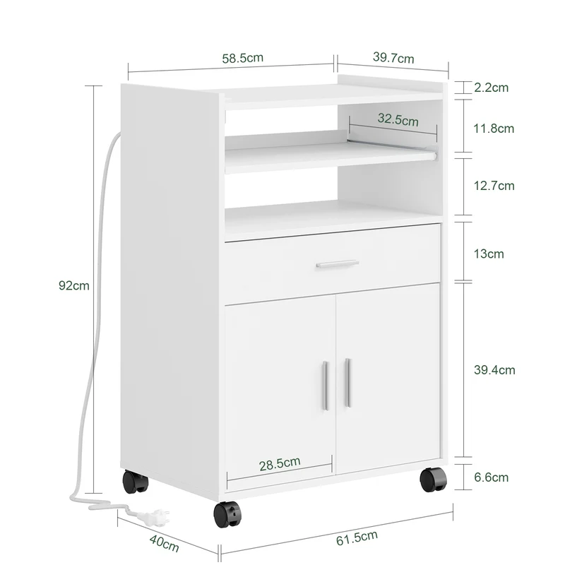 SoBuy FSB09-E-W Desserte de Cuisine avec Station de Charge 4-en-1 – Roulettes ou Pieds, 1 Tiroir, 2 Portes, Étagère Réglable, Blanc, 61,5×40×92 cm