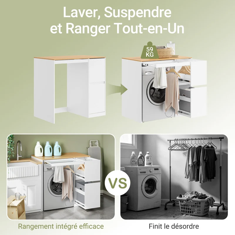 SoBuy BZR223-WN Meuble au-dessus du Lave-Linge 100×60×95 cm – Étendoir Coulissant, Panier à Linge, Sans Panneau Arrière, Blanc et Naturel