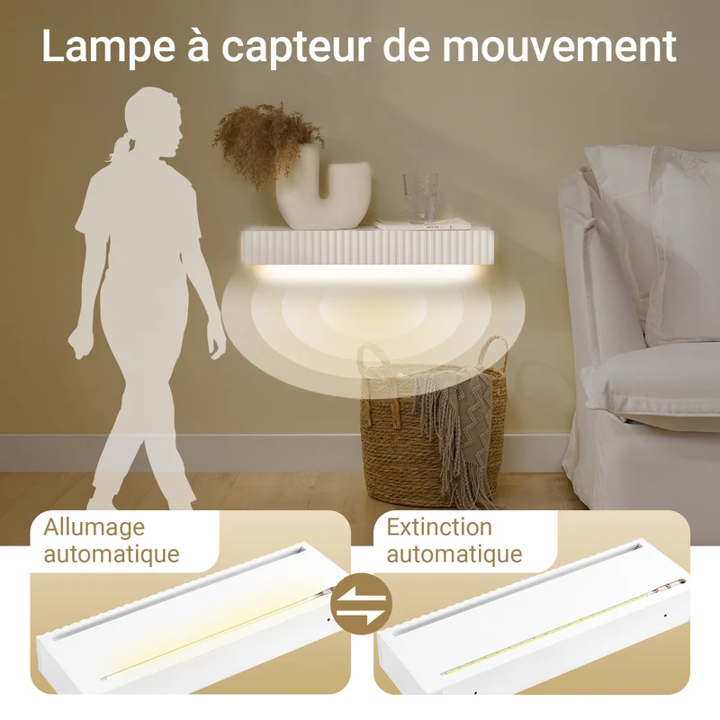 SoBuy FHK38-W Étagère Murale Flottante avec Tiroir et LED – L60 × P20 × H8 cm, Blanc