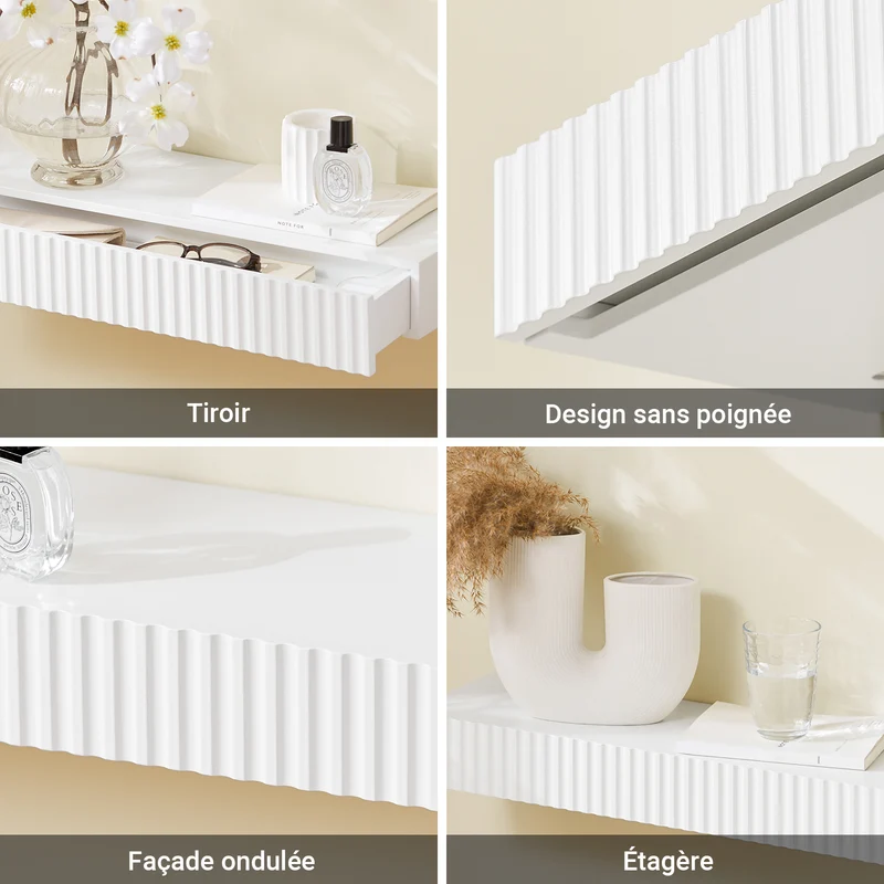 SoBuy FHK38-W Étagère Murale Flottante avec Tiroir et LED – L60 × P20 × H8 cm, Blanc