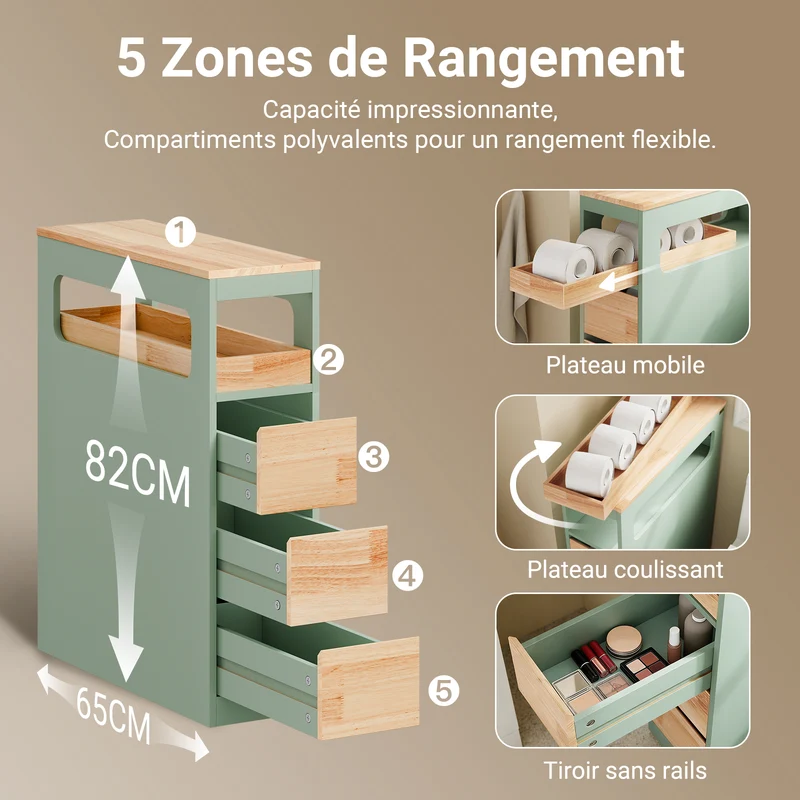 SoBuy BZR54-II-GR Meuble Salle de Bain à Roulettes, 3 Tiroirs et Niche Ouverte, Slim 23cm, Charge 40kg – 65x23x82 cm