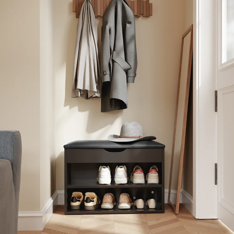 SoBuy FSR25-SCH Banc à Chaussures 3-en-1 avec Assise Rembourrée, Rangement Caché sous Rabat et 2 Étagères Ouvertes, Charge 113 kg – Noir, 60×30×43 cm