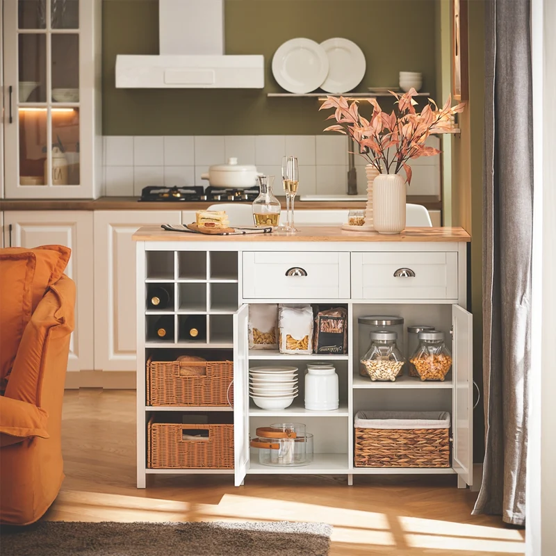 SoBuy KNL05-W Îlot de Cuisine 120 cm – Meuble Îlot Central avec Casier à Vin, 2 Tiroirs et Bois Hévéa – Blanc