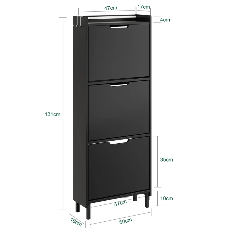 SoBuy FSR151-H-E-SCH Armoire à Chaussures Ultra-Slim 19 cm – 3 Abattants, Noir Mat avec LED