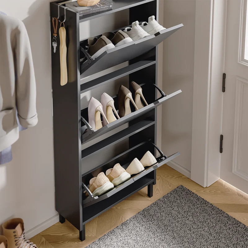 SoBuy FSR151-H-E-SCH Armoire à Chaussures Ultra-Slim 19 cm – 3 Abattants, Noir Mat avec LED