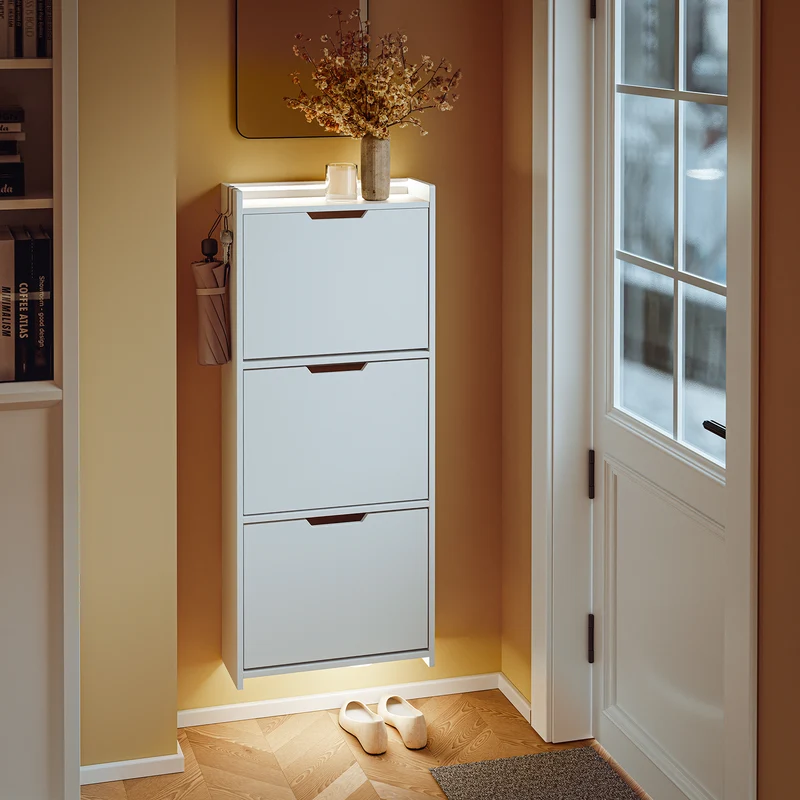SoBuy FSR151-H-E-W Armoire à Chaussures Ultra-Slim 19 cm – 3 Abattants – Entrée Gain de Place – Blanc avec LED