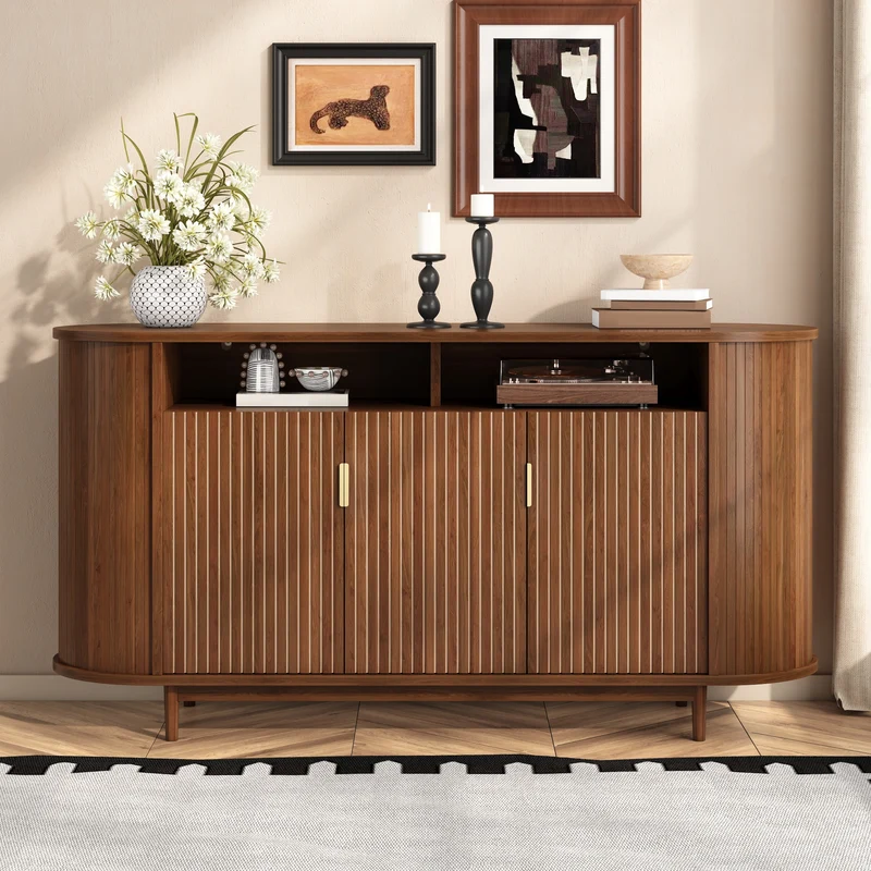 Buffet effet noyer façade rainurée à 3 portes, style vintage 140cm RUSTICPRO