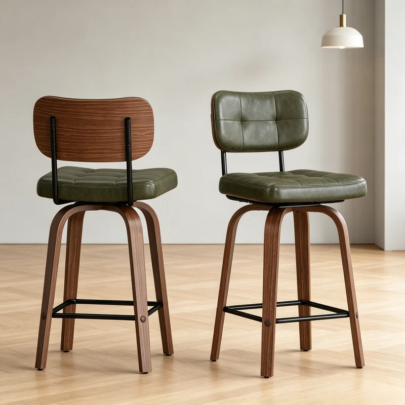 Lot de 2 tabourets de bar en bois noyer et PU vert pivotants 360° H94cm style vintage RUSTICWALNUTELITE